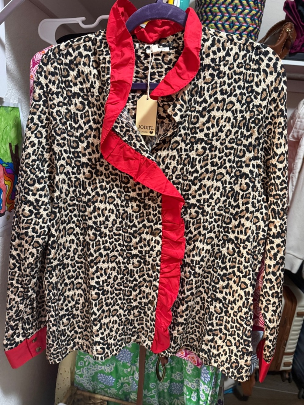 JODIFL Leopard Print Top with Red Trim